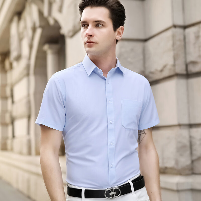 海派浩宇短袖衬衫男士商务休闲清凉衬衣 兰色 M
