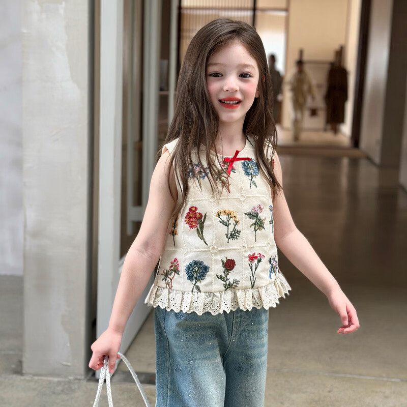 栀了成长记童装女童田园风刺绣背心2026春季儿童新款甜美无袖上衣 白色 上衣 140