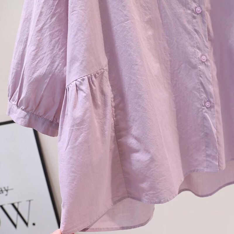子牧棉麻2026春夏装 女洋气小衫宽松显瘦圆领开衫五分袖衬衫上衣8013 紫色 M (建议95-115斤)