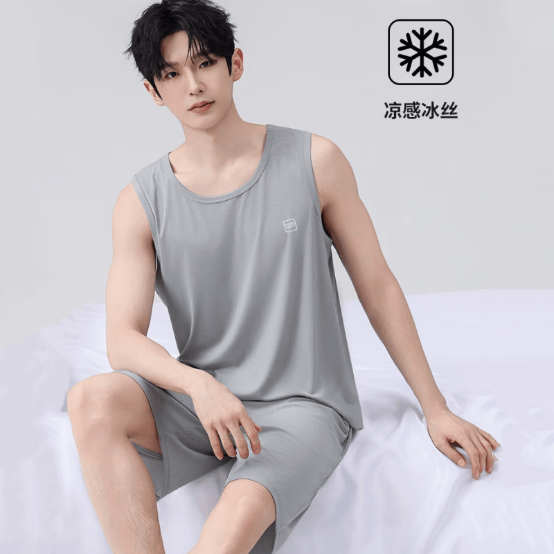 雪中飞冰丝睡衣男夏季薄款宽松2026新款凉感背心短裤套装家居服无袖坎肩 NSWJH-浅灰 【凉感冰丝】 2XL 【建议140-160斤】