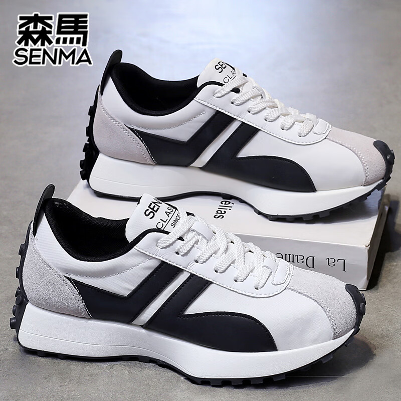 森馬（senma）男士厚底舒适跑步鞋低帮防滑轻便阿甘鞋时尚百搭休闲鞋 白黑 35