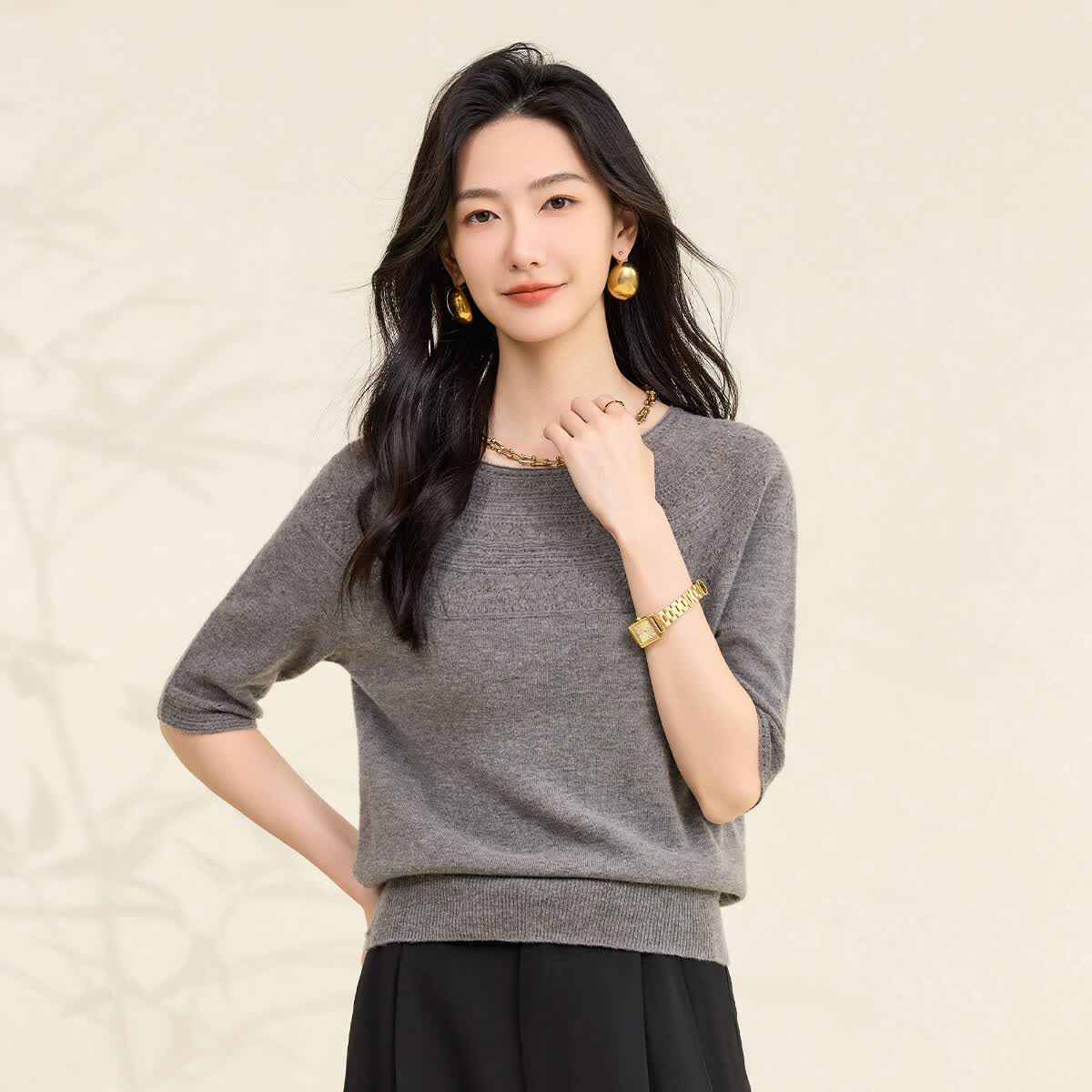 春竹2026夏季新款100%绵羊毛圆领精致镂空钩花时尚高级感女短袖针织衫 中灰 M 80-100斤
