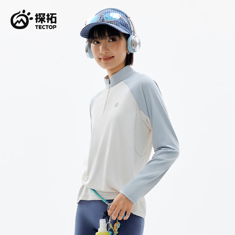 探拓（TECTOP）26新款户外运动长袖防晒抗菌T恤女跑步训练透气冰肤上衣 麦田白/海盐蓝 M