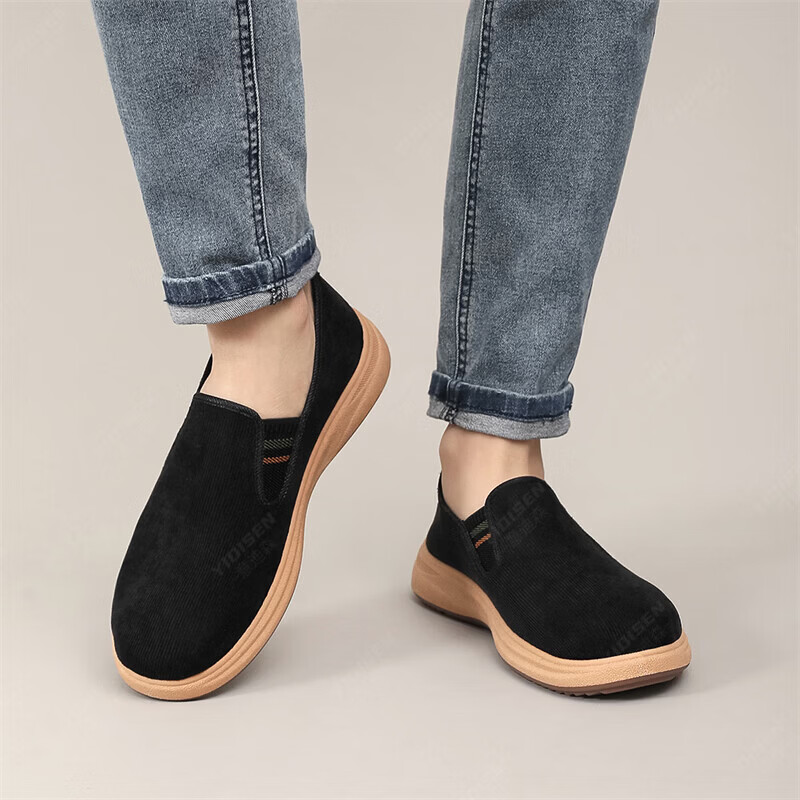 意迪森春秋老北京布鞋男休闲健步鞋软底防滑爸爸鞋一脚蹬官方旗舰店正品 黑色 【久穿不累脚】 39 (245mm) 正码正拍