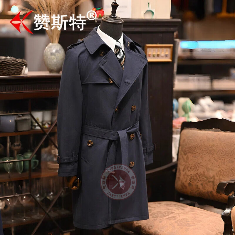 赞斯特品牌春秋季男士trench coat加长款战壕风衣商务休闲大衣 深卡其【长款】 5XL