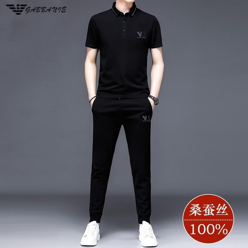GABBANIE正品新款 男士运动套装夏季短袖t恤冰 丝桑蚕丝休闲polo衫男 一线品牌白色-短裤套装-8323 L 170_