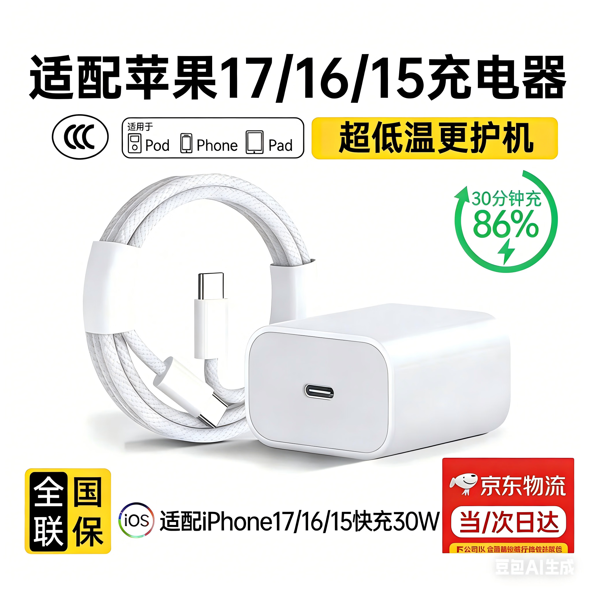 缔捷原装适配苹果30W/45W快充头iPhone17充电器适配原装苹果17promax数据线手机插头电源配件 【苹果6-14】45W快充头+1.5米PD线 京东折扣/优惠券
