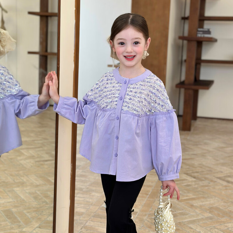 栀了成长记童装女童小香风圆领衬衫2026春季儿童新款甜美撞色上衣 紫色 衬衫 110 cm