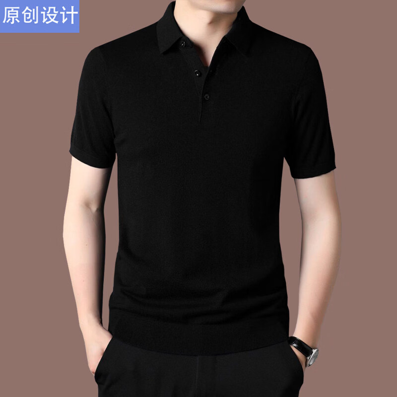 阿玛尼（ARMANI）正品品牌男装翻领短袖羊绒t恤薄款春秋冬季纯色半袖针织羊毛衫 国际一线品牌黑色 4XL 190__建议185斤到210斤穿