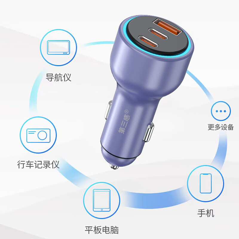 第三感130w车载超级快充一拖三汽车充电器点烟器转换笔记本手机相机通用 130W超快车充-三口同充【流金紫】