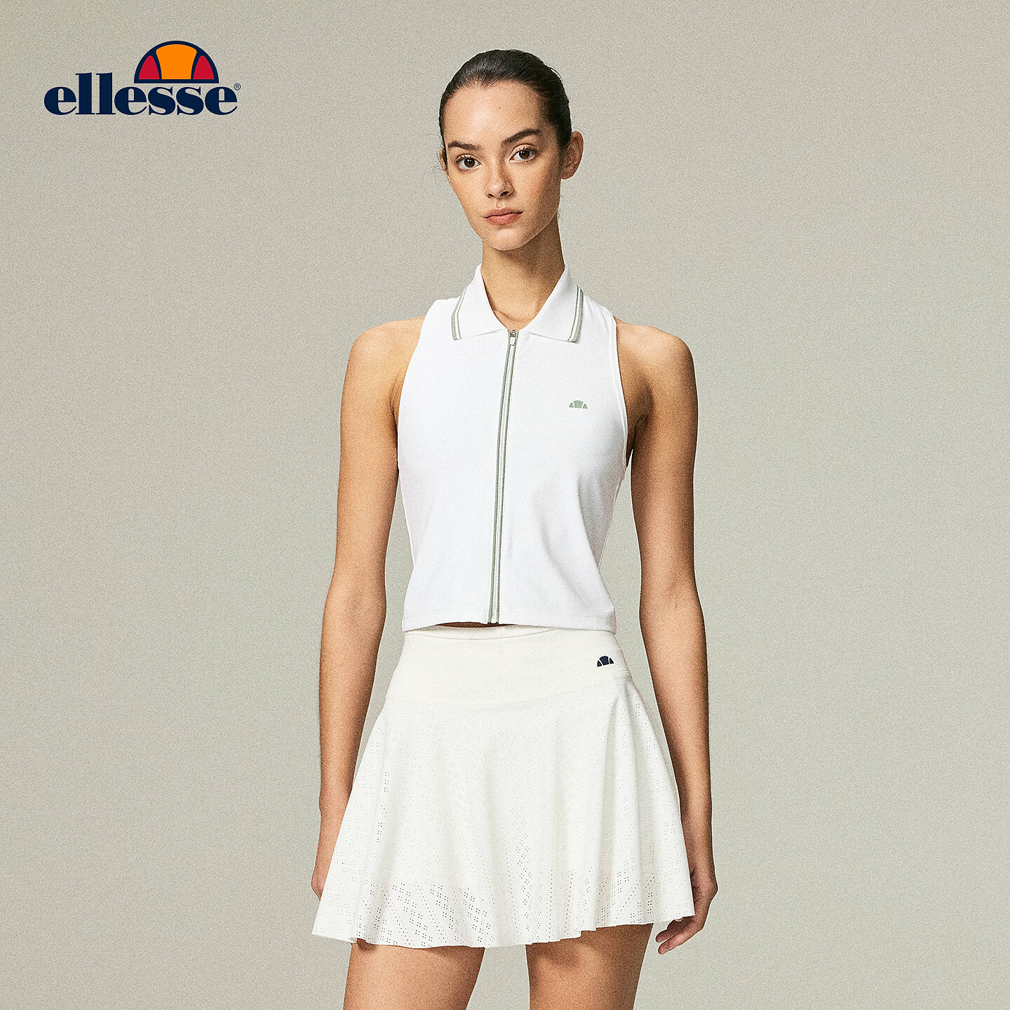 ellesse小贝壳26春夏新品网球服弹力修身运动拉链上衣polo背心女 星云白 S