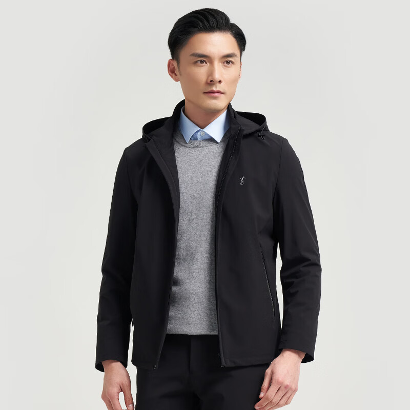 才子（TRIES）夹克外套男士商务行政连帽夹克品牌LOGO纯色户外上衣百搭通勤外套 黑色 XL (175/92A)