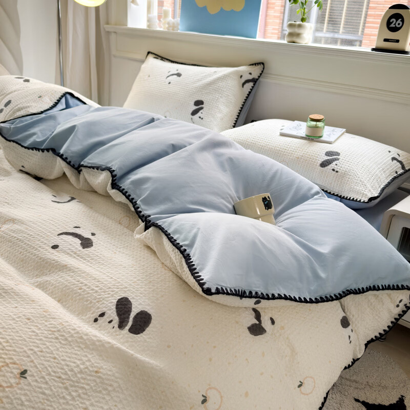 水星家纺水洗棉床上四件套纯棉超柔裸睡被套床单被罩四件套床上用品 苏潘达灰 床笠款 1.8m四件套-被套220*240