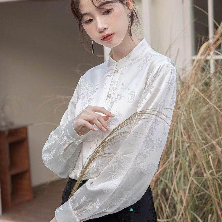 MODX春秋设计立领提花中式国风衬衫2026长袖春季上衣新款气质覆古 版 白色 S 建议80-90斤