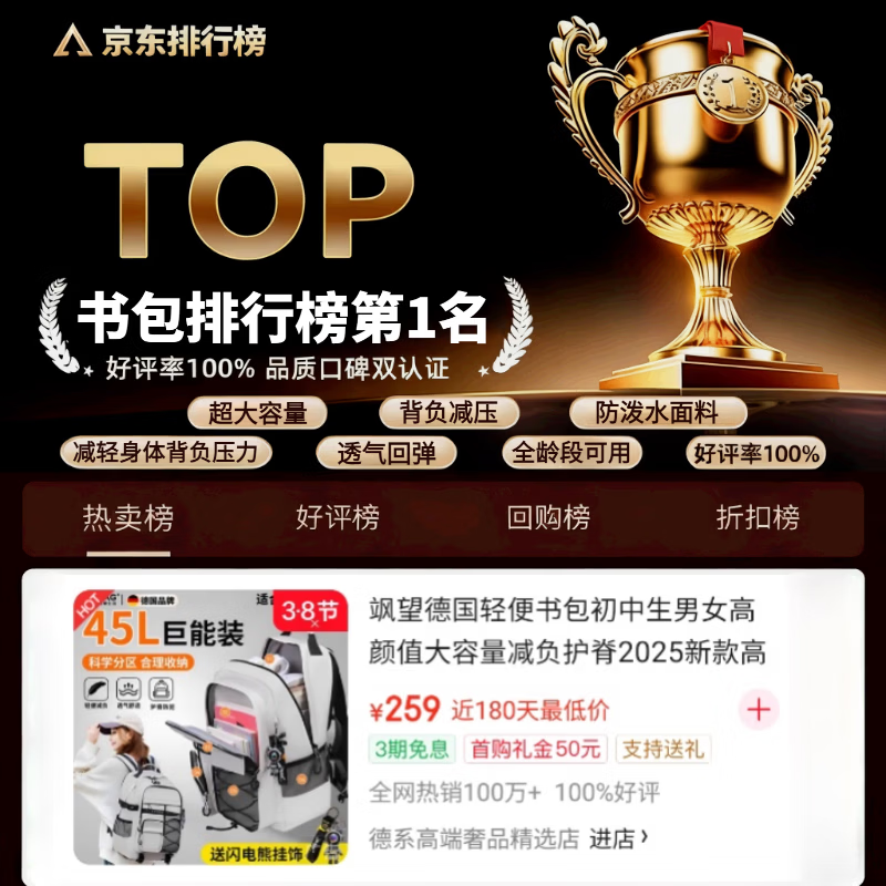 飒望德国轻便书包初中生男女高颜值大容量减负护脊2025新款高中生双肩 【尊享升级】黑色-大号/送闪电熊挂件 全龄段