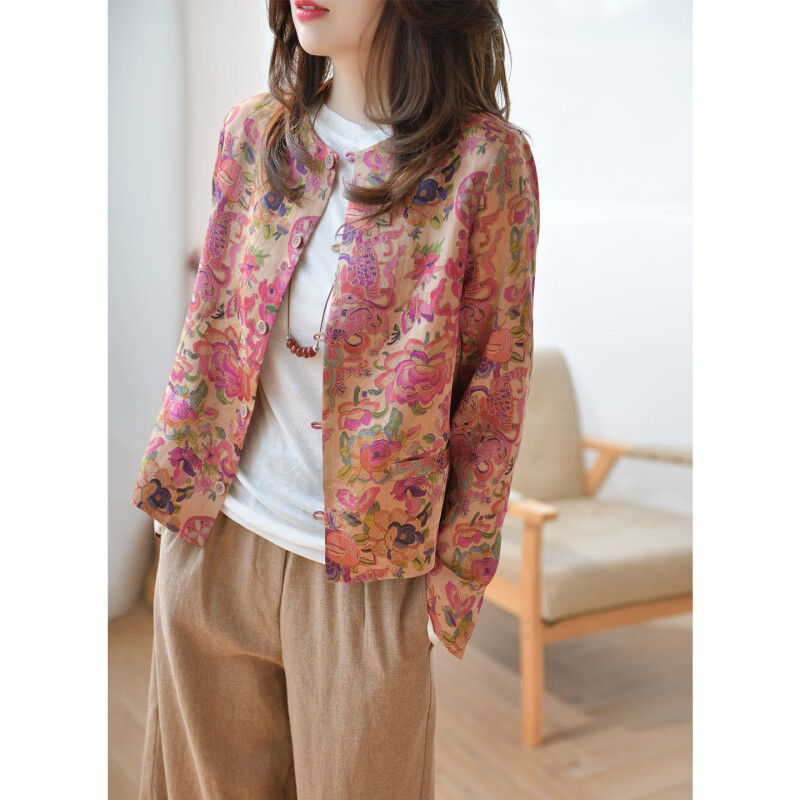 MODX轻奢感国风印花短款外套女秋季新款气质宽松减龄外搭开衫上衣 花色 M 【建议100斤以内】