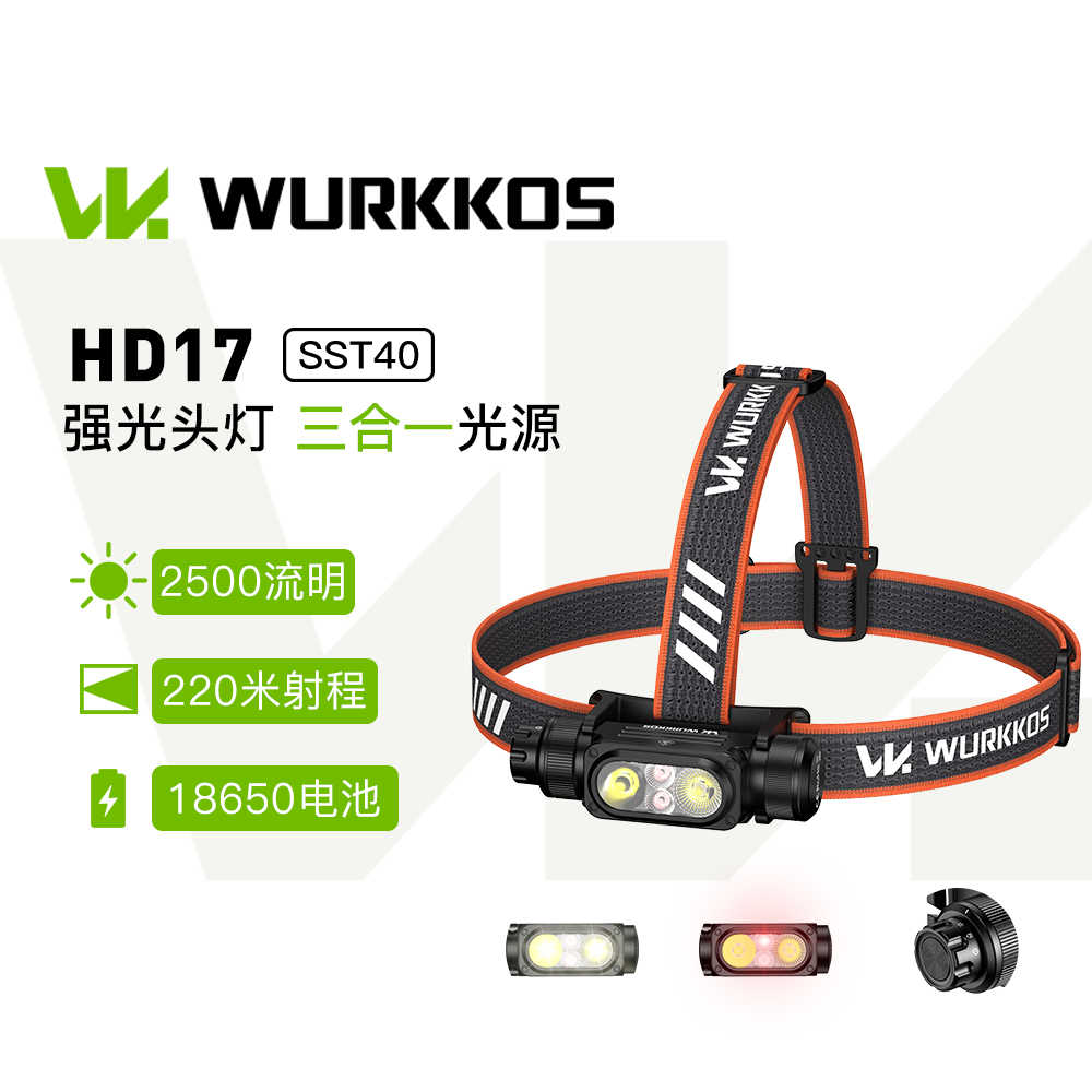 WURKKOS沃克思达 HD17头灯夜钓小型户外露营照明灯白光红光双光源强光 黑色
