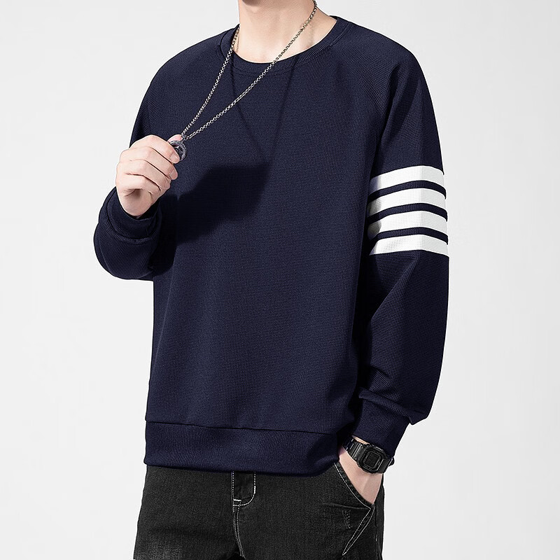 锐图森春秋华夫格卫衣男士夏季时尚百搭潮牌运动上衣宽松纯色套头T恤衫 304【黑色】四道杠 XL （建议120-135斤）