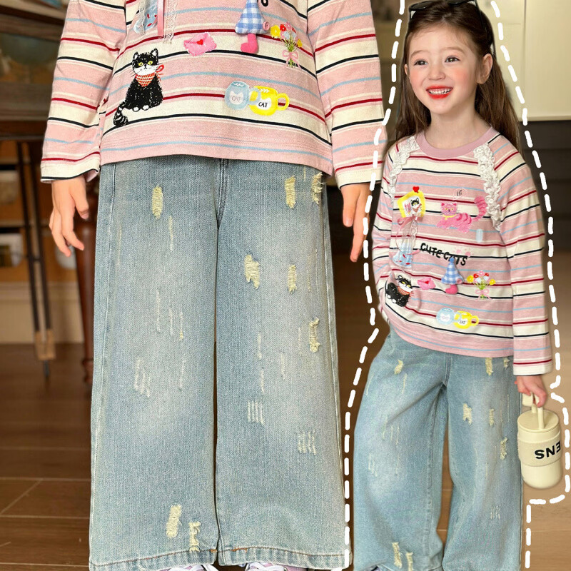 栀了成长记童装女童可爱卡通短款上衣2026春季儿童蕾丝边短袖T恤 蓝色牛仔裤 100 cm