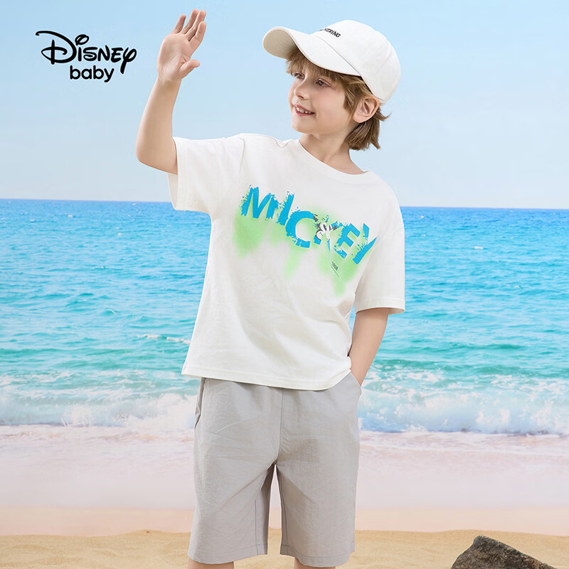 迪士尼(Disney)童装男女童纯棉短袖t儿童圆领时尚短袖T恤上衣2026夏季新款中大童 本白 130 高125-135cm重50-60斤