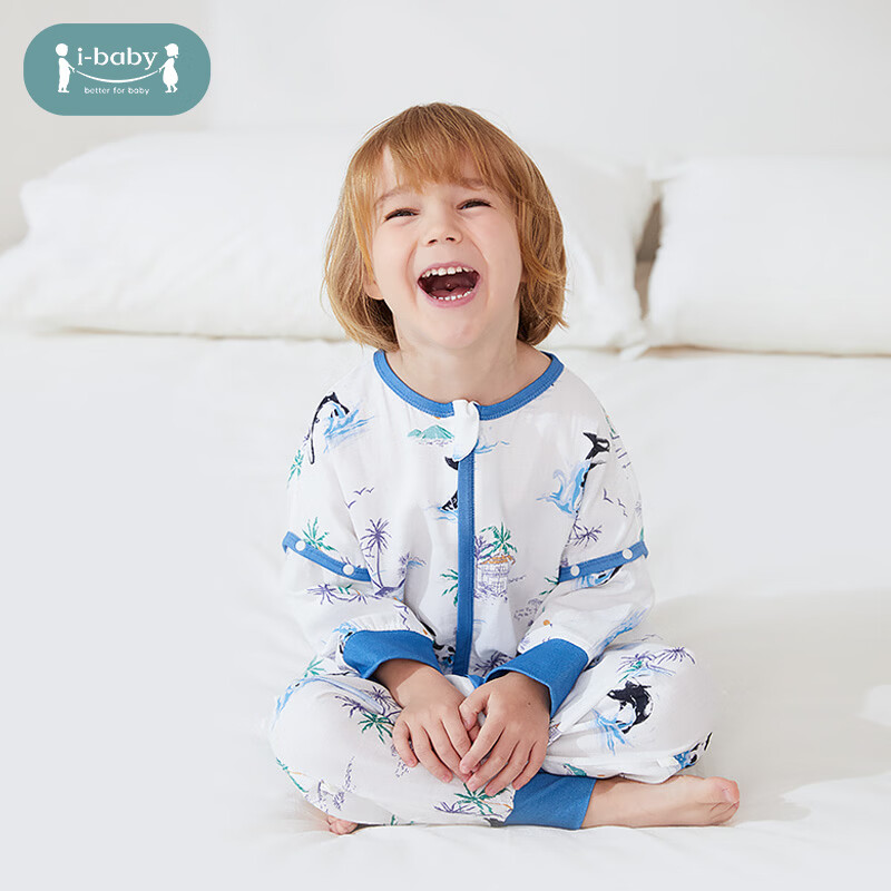 ibaby婴儿童四层纱布恒温睡袋宝宝春秋分腿睡袋防踢被透气M 四层纱布-虎鲸戏水-可拆袖(参考室温24-28℃) 110码