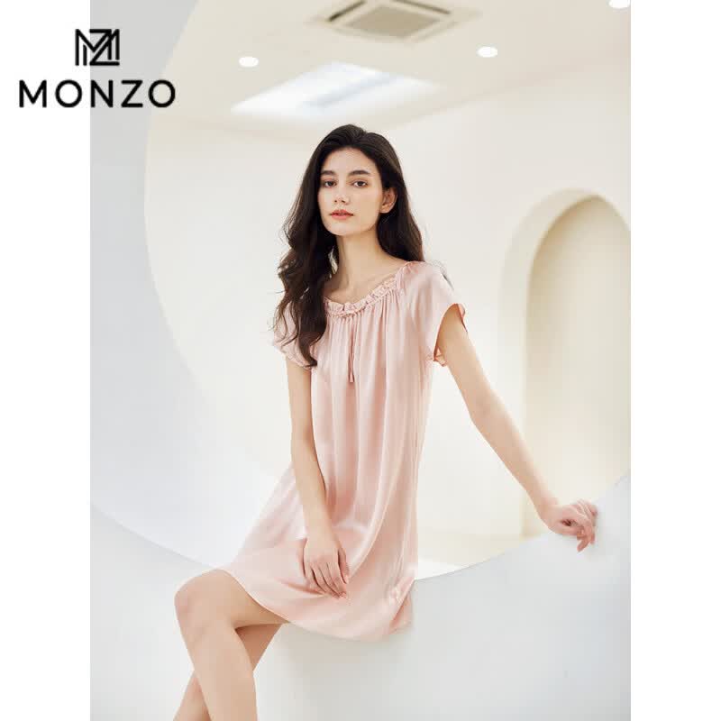 MONZO国际一线品牌丝绸桑蚕丝睡裙女真丝睡衣宽松大码家居服粉色娃娃裙 樱粉色 均码