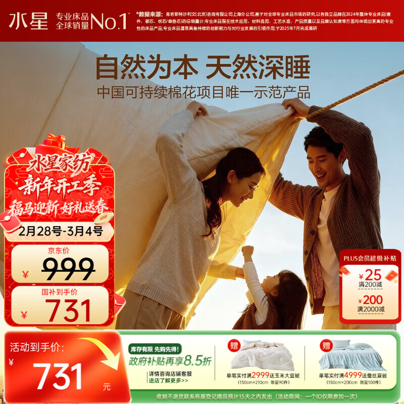 水星家纺棉被子棉花被子被芯纯棉A类新疆棉双人约6斤220x240cm