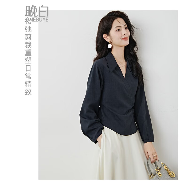 晚白2026年春款气质设计感不对称褶皱上衣系带收腰显瘦行政风衬衫女 深蓝色 S