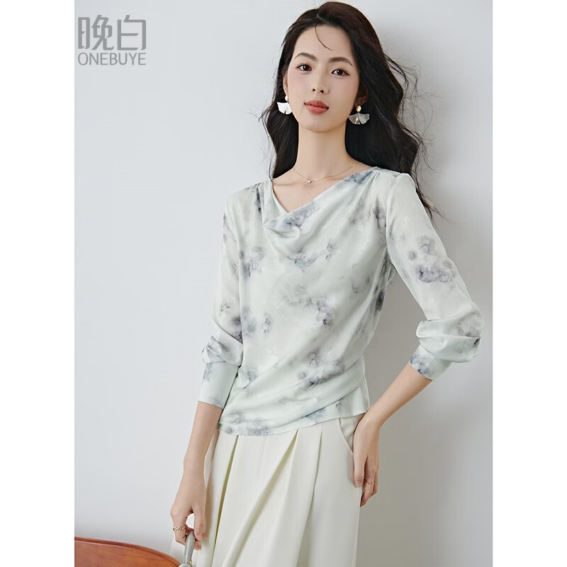 晚白2026年春款法式不规则荡领烟雨水墨印花上衣清新雅致缎面衬衫女 花色 S