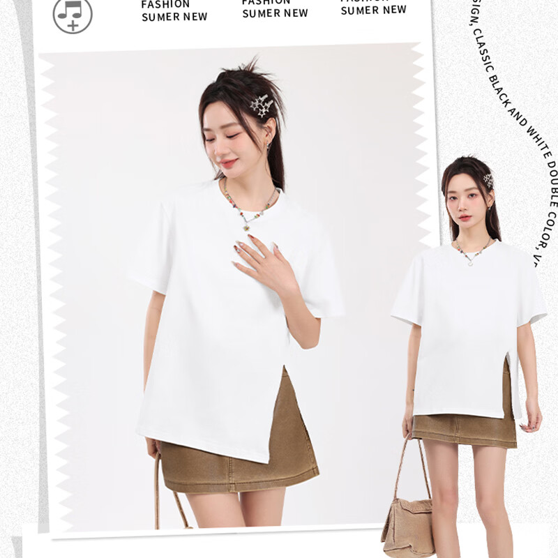 回力(Warrior)开叉宽松短袖T恤女2026年夏季女装新款潮流时尚慵懒随性休闲上衣 黑#回力白标K S