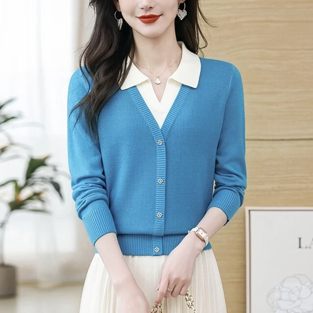 2026春季新款拼接假两件polo领洋气针织衫女高端显瘦软糯打底外穿 蓝色 2XL 130-140斤