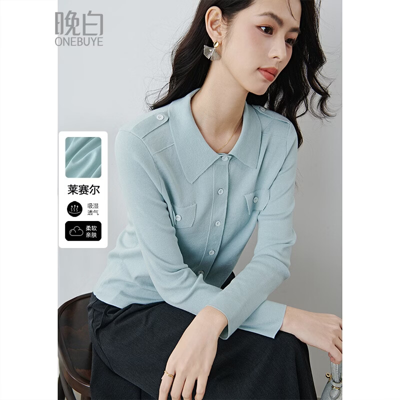 晚白2026春款时尚翻领正肩上衣亲肤莱赛尔天丝显白浅蓝色减龄针织衫女 浅蓝色 L