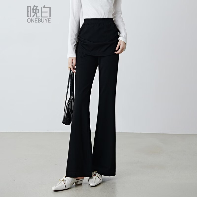 晚白2026春时尚假两件带屁帘遮臀松紧腰裤子弹力修身显瘦显腿长微喇裤 黑色 28