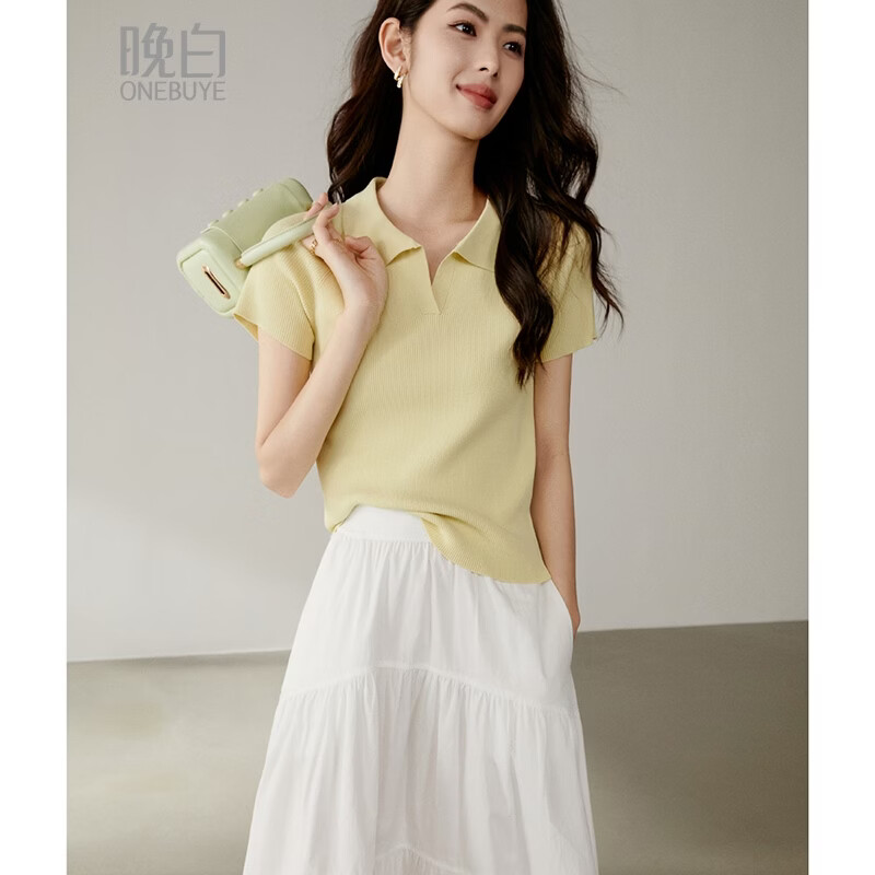 晚白【新品】2026年春款时尚翻领短袖上衣弹力修身休闲针织衫女 淡黄色 L