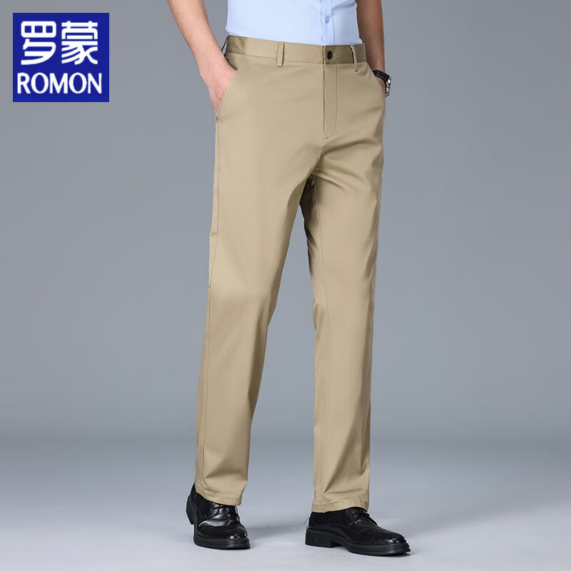 罗蒙（ROMON）夏季薄款纯棉休闲裤男宽松直筒裤弹力纯色商务高腰长裤子 藏青色 42