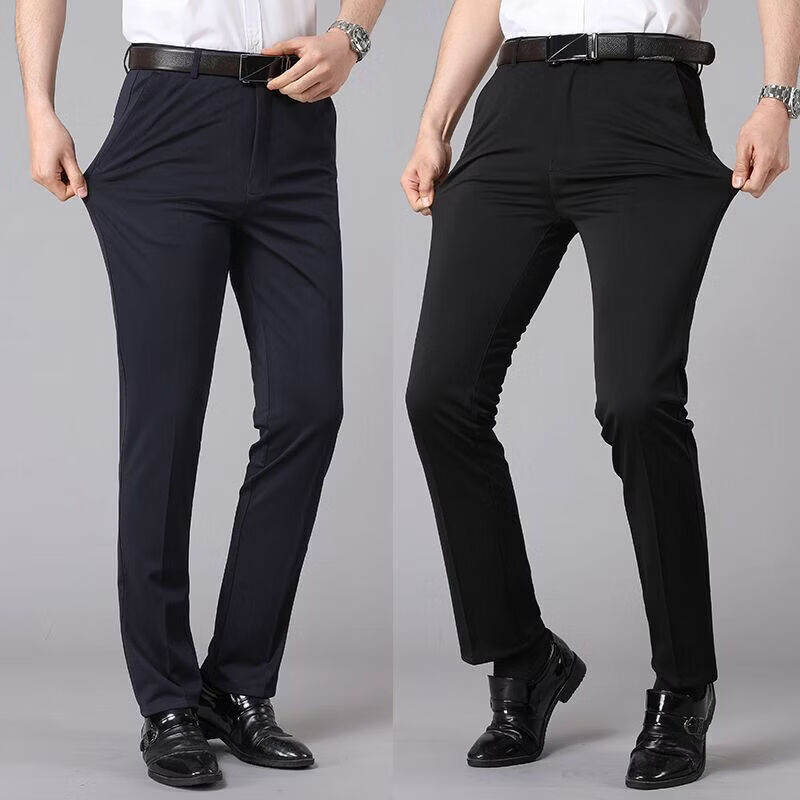 虎都（FORDOO）弹力西裤男夏季薄款冰丝直筒宽松休闲裤男士垂坠感商务西装长裤子 黑色+黑色(常规) 两件装 薄款 38 【适合腰围3尺1】