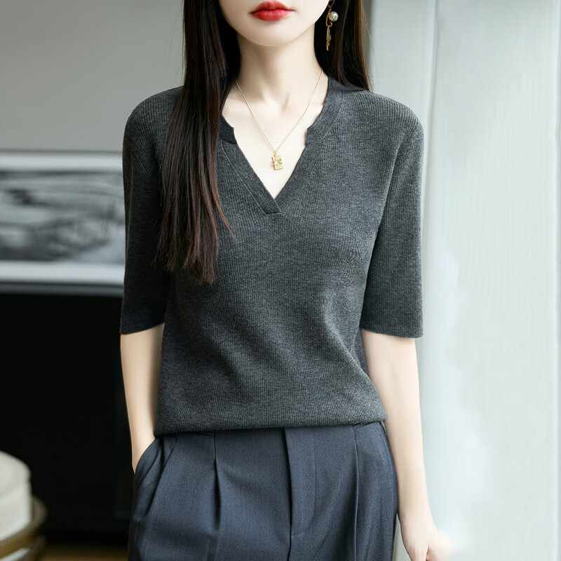 牧兰奴卡纯羊毛精纺V领短袖女2026春夏新款修身五分袖打底衫女半袖针织衫 灰色 M