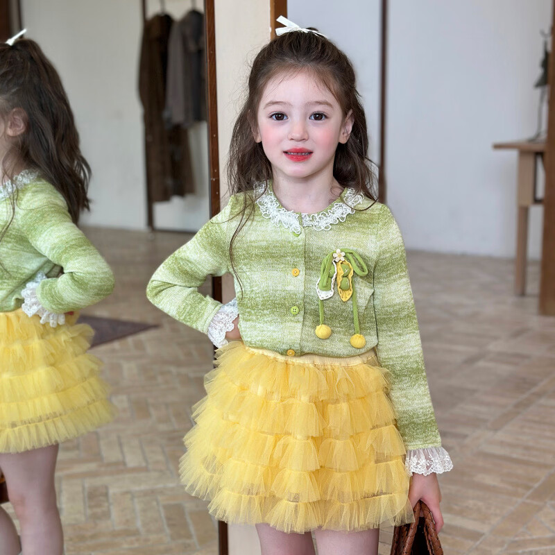 栀了成长记女童装韩版清新条纹上衣2026春季儿童百搭花边针织开衫 绿色 上衣 100 cm