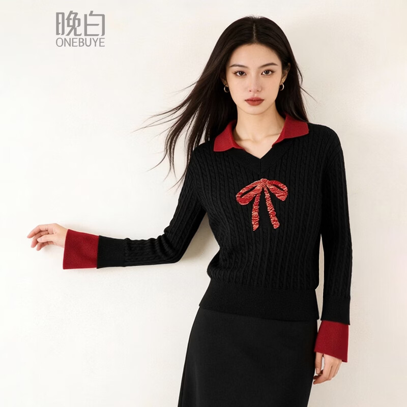 晚白2026年春款时尚设计感撞色翻领拼接假两件毛衣亲肤舒适显瘦针织衫 黑色 S