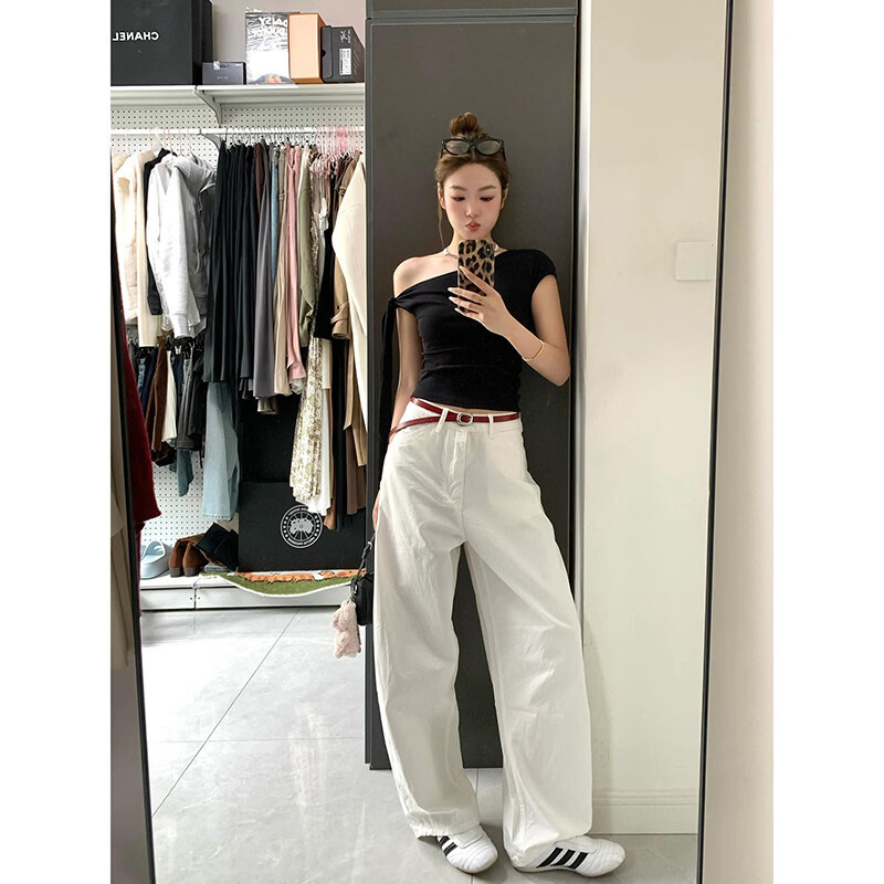 MODX美式175高个子镰刀牛仔裤女夏季薄款高腰白色宽松阔腿弯刀拖地裤 白色加长 XS