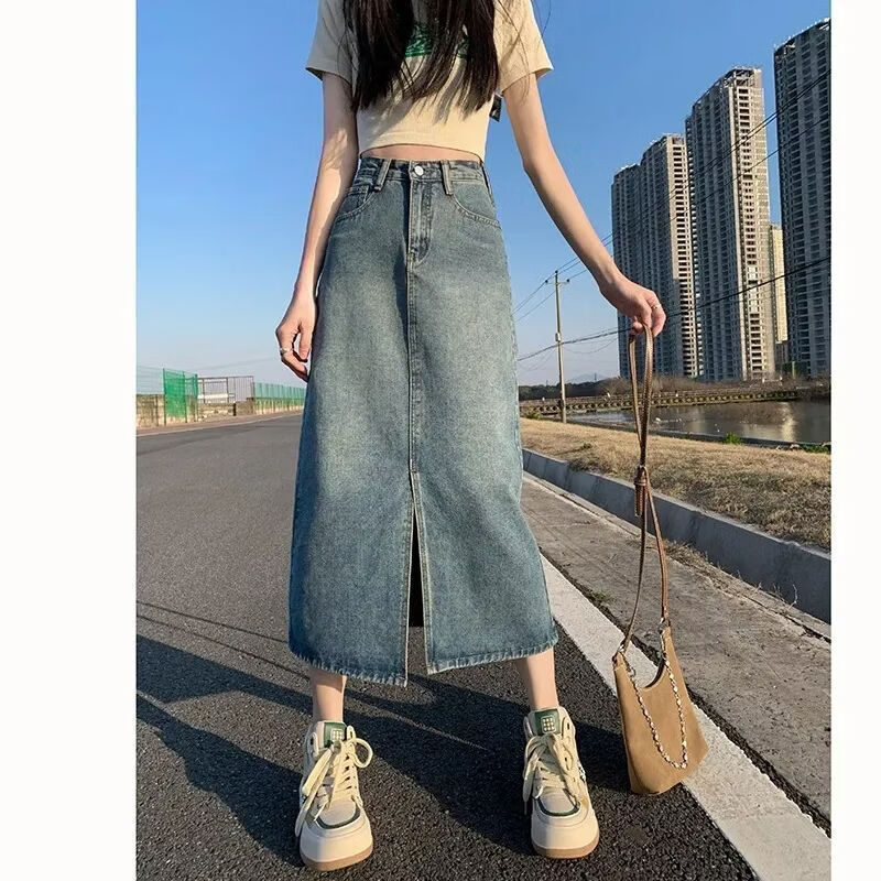 CronetKcnsy2026春秋款复古开叉牛仔半身裙女宽松显瘦高腰中长款百搭a字裙子 2-22复古蓝 L 推荐105-115斤