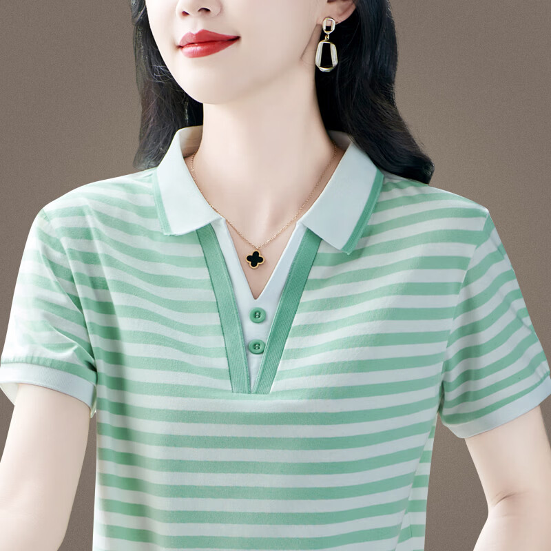 语缦翻领短袖t恤女新款夏季冰丝棉质宽松中年妈上衣条纹短款polo衫T恤 3211安可拉红 4XL (140-150斤)