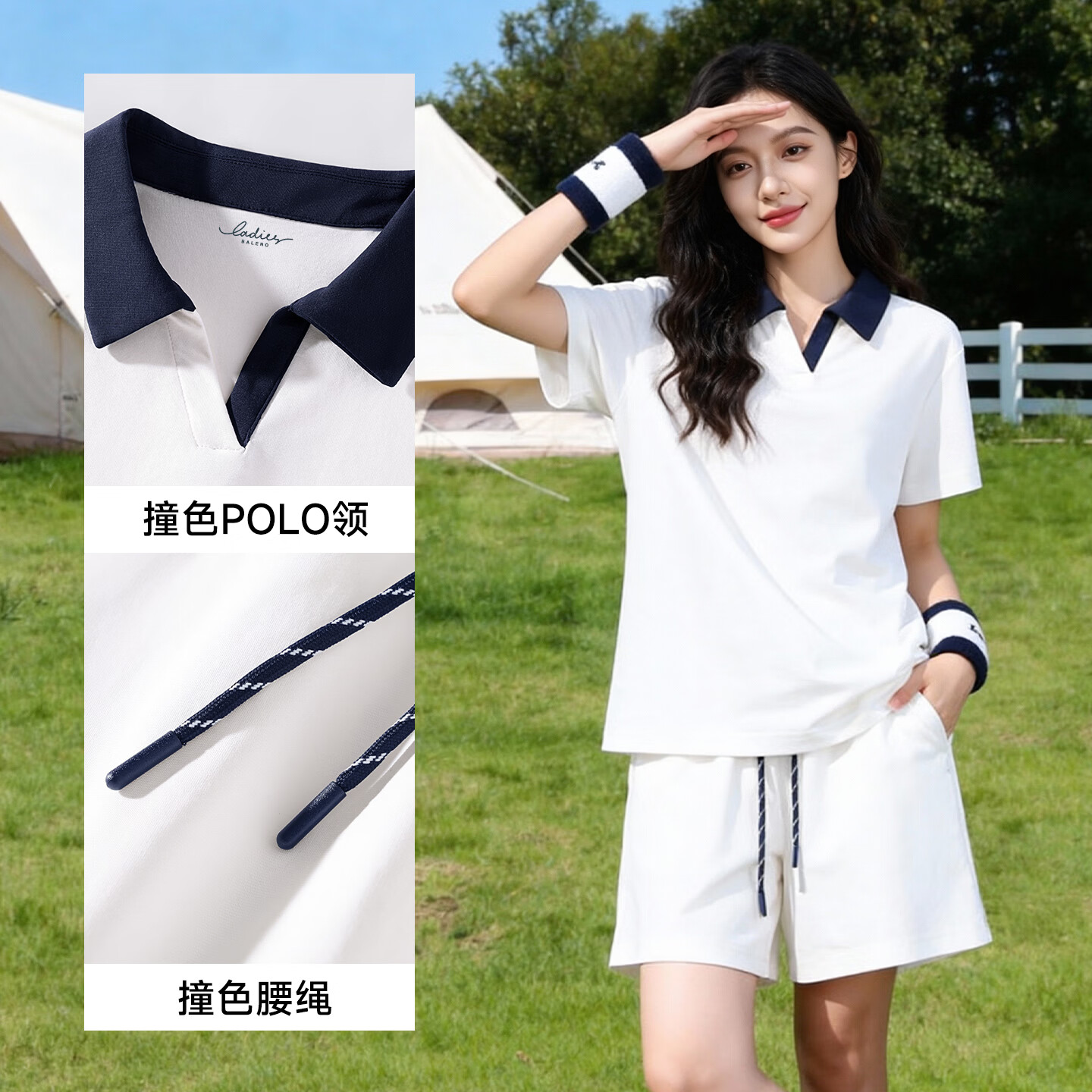 班尼路(Baleno)撞色POLO领套装女2026年夏季女装新款时尚休闲通勤户外两穿两件套 藏青#纯色 M
