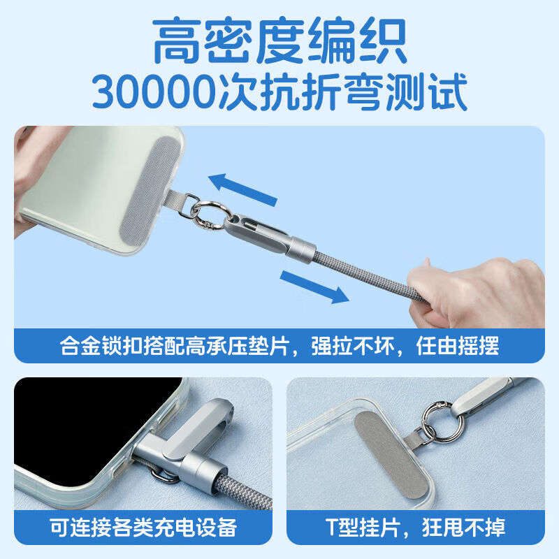 苹果数据线PD27W快充线适用苹果15/16多功能挂绳快充数据线专用手机Type-C to Lightning充电器线 1.2米挂绳闪充数据线【USB-C接口】炭黑色