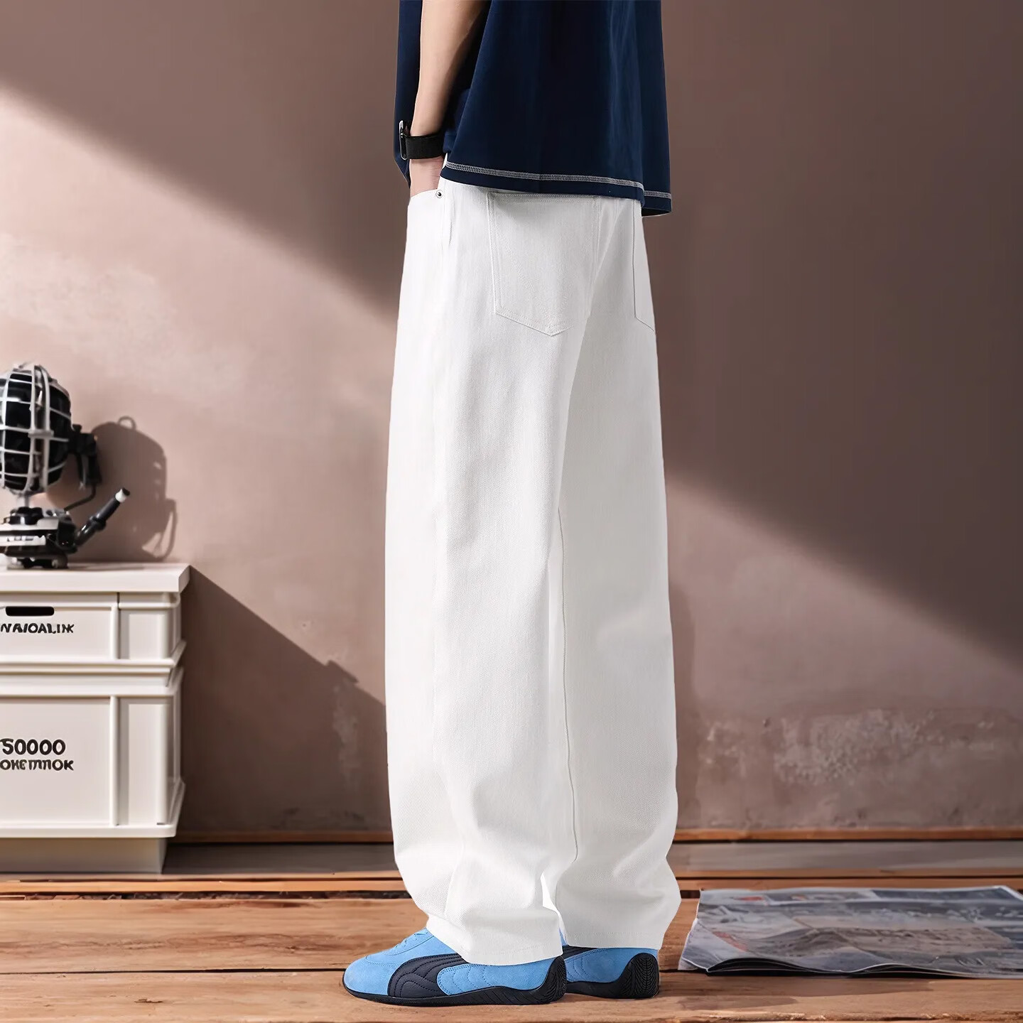 美式重磅cleanfit白色牛仔裤男直筒宽松百搭四面弹阔腿春夏休闲裤 米白 8707 36  建议186-195斤