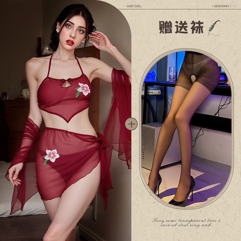 性感睡衣古风异域舞姬刺绣深V夫妻情趣激情战袍火辣视觉诱惑睡袍 红色 均码