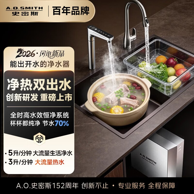史密斯（A.O.SMITH）【净热双出水】家用净水器加热直饮一体厨房专用台下用即热饮水机DR2500SWi升级款【DR2000DWWi3】 全时高水效恒净净水器
