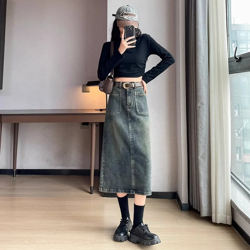 WAMLBN2026春夏季新款复古高腰牛仔裙女开叉显瘦半裙中长款a字半身裙 水泥灰 L