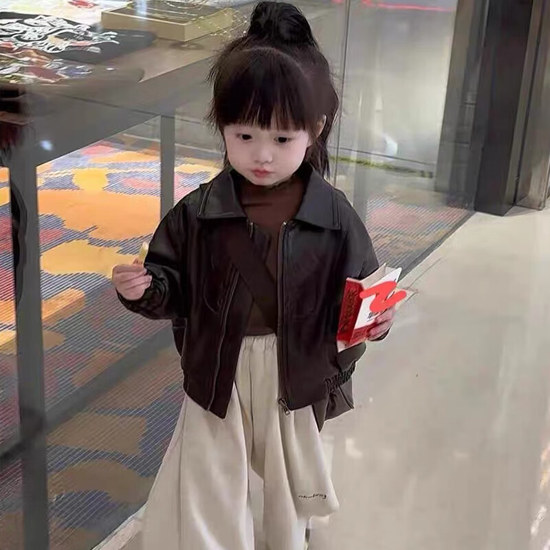 男女童春秋装皮衣外套2026儿童卡通休闲衣服宝宝网红洋气夹克加绒 黑色皮衣【春秋款】 140 尺码【建议身高135厘米左右】