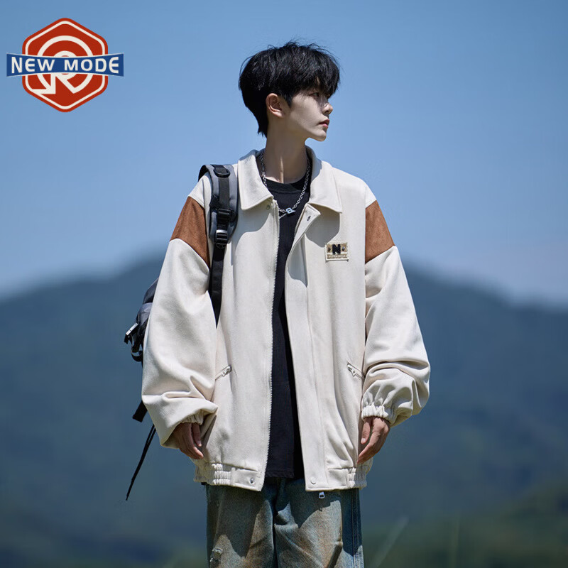 NEW OR MODE美式撞色棒球服外套男春季新款潮流宽松大码飞行员夹克休闲上衣服 米色【高品质】 M 【建议90-110斤】